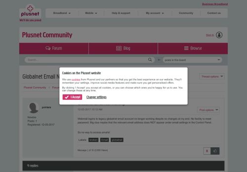 
                            9. Globalnet Email Not Working - Plusnet Community