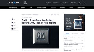 
                            12. GM to close Canadian factory, putting 3000 jobs at risk: report - Phys.org