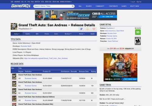 
                            10. Grand Theft Auto: San Andreas Release Information for PlayStation 2 ...
