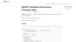 
                            2. GRANT Database Permissions (Transact-SQL) - SQL Server ...