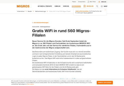 
                            6. Gratis WiFi in rund 560 Migros-Filialen | Medien