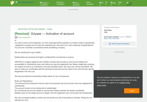 
                            4. Griyaas — Activation of account - Indian Consumer Complaints Forum