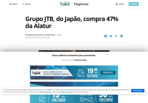 
                            8. Grupo JTB, do Japão, compra 47% da Alatur | Valor Econômico