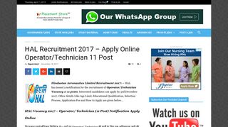 
                            5. HAL Recruitment 2017 - Apply Online Operator/Technician 11 Post