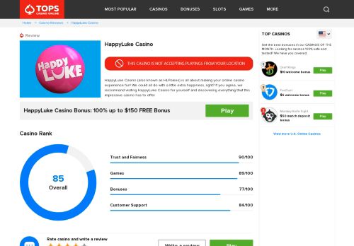 
                            12. HappyLuke Online Casino Review | CasinoTopsOnline.com