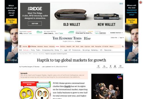 
                            9. Haptik to tap global markets for growth - The Economic Times