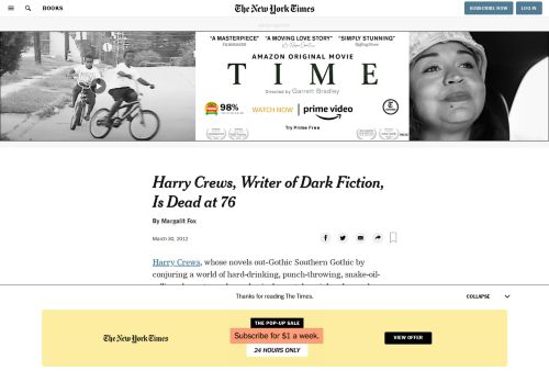 
                            11. Harry Crews, Writer of Dark Fiction, Is Dead at 76 - The New York Times