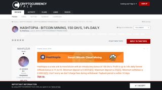 
                            6. Hashtopia - Bitcoin Mining, 150 GH/s, 14% daily. - PROMOTIONS ...