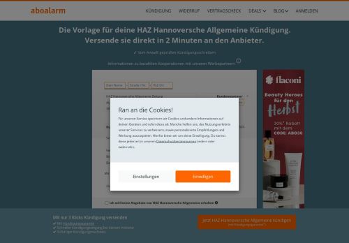
                            9. HAZ Hannoversche Allgemeine direkt online kündigen - Aboalarm