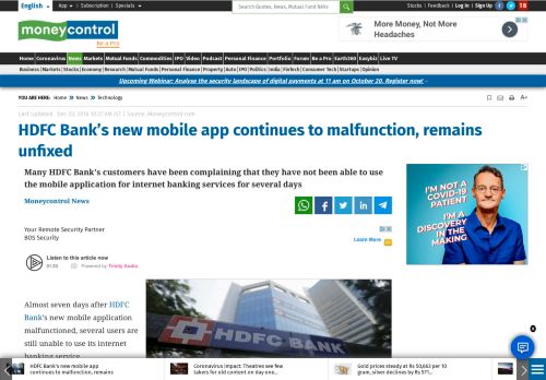 
                            13. HDFC Bank's new mobile app continues to malfunction, remains ...