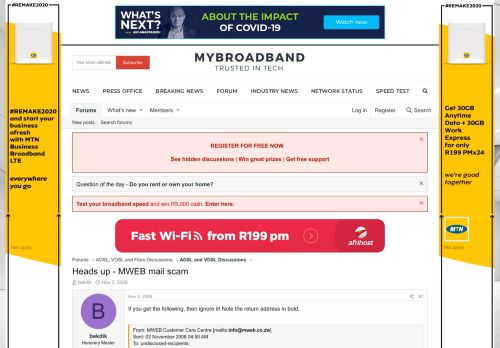 
                            8. Heads up - MWEB mail scam | MyBroadband