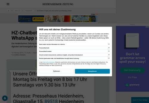 
                            7. Heidenheim: HZ-Chatbot: Fragen zum Abo einfach per WhatsApp ...