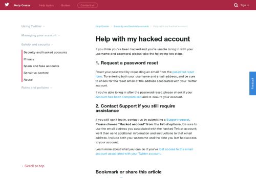 
                            1. Help with my hacked account - Twitter support