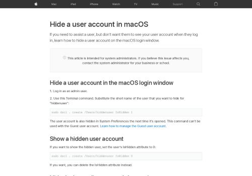 
                            5. Hide a user account in macOS - Apple Support