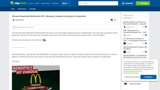 
                            6. [Hinweis Newsletter] McDonalds VIP - Monopoly Jackpot-Code gratis ...