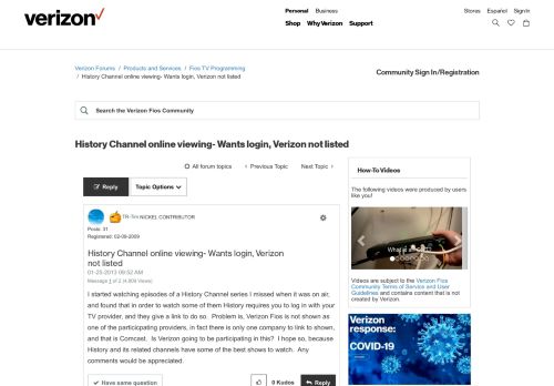 
                            6. History Channel online viewing- Wants login, Verizon not listed ...