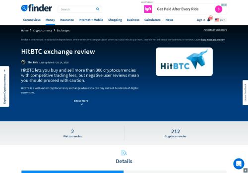 
                            7. HitBTC Cryptocurrency Exchange - 2019 Review | finder.com