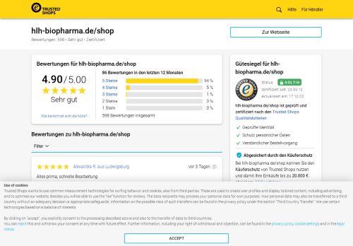 
                            9. hlh-biopharma.de/shop Bewertungen & Erfahrungen | Trusted Shops