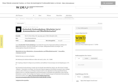 
                            8. Hochschule Neubrandenburg: Mitarbeiter (m/w) „Kommunikation und ...