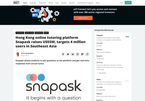 
                            6. Hong Kong online tutoring platform Snapask raises US$5M, targets 4 ...