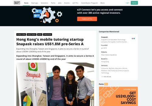 
                            7. Hong Kong's mobile tutoring startup Snapask raises US$1.8M pre ...
