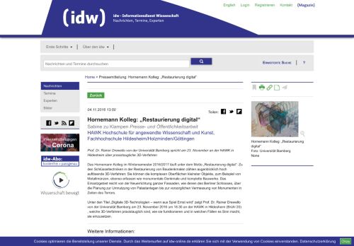 
                            8. Hornemann Kolleg: „Restaurierung digital“ - IDW Online