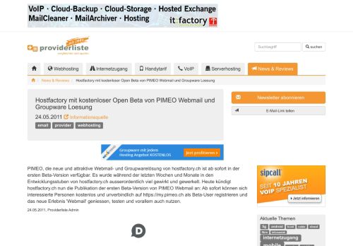 
                            12. Hostfactory mit kostenloser Open Beta von PIMEO Webmail und ...
