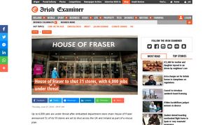 
                            8. House of Fraser to shut 31 stores, with 6,000 jobs under threat | Irish ...
