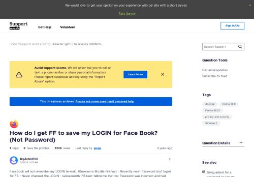 
                            7. How do I get FF to save my LOGIN for Face Book? (Not Password ...