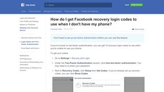 
                            2. How do I get recovery login codes to use when I don't have ... - Facebook