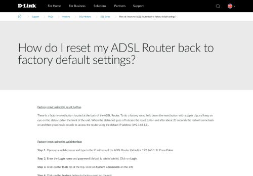 
                            10. How do I reset my ADSL Router back to factory default ...