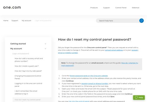 
                            12. How do I reset my control panel password? – Support | One.com