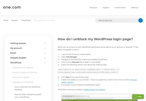 
                            1. How do I unblock my WordPress login page? – Support | One.com