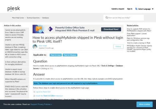 
                            9. How to access phpMyAdmin shipped in Plesk without login to Plesk ...