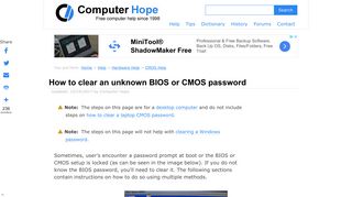 
                            7. How to clear an unknown BIOS or CMOS password - Computer Hope