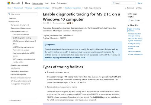 
                            2. How to enable diagnostic tracing for MS DTC on a Windows-based ...