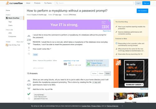 
                            1. How to perform a mysqldump without a password prompt? - Stack Overflow