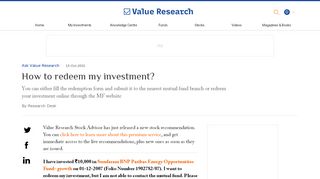 
                            8. How to redeem my investment? - Value Research: The Complete ...