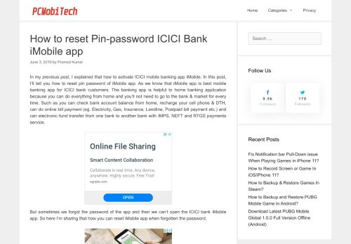 
                            12. How to reset Pin-password ICICI Bank imobile app. - PCMobiTech