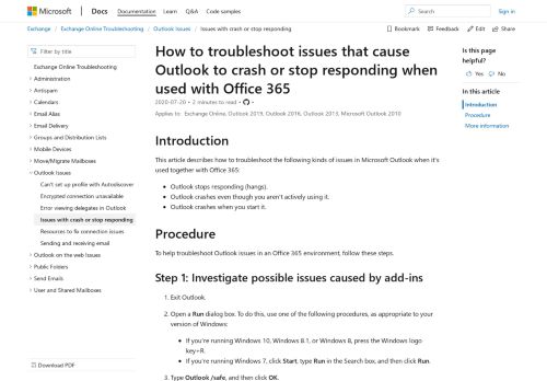 
                            2. How to troubleshoot issues that cause Outlook to crash or stop ...