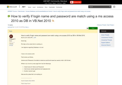 
                            12. How to verify if login name and password are match using a ms ...
