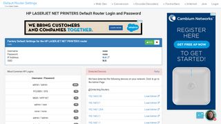 
                            6. HP LASERJET NET PRINTERS Default Router Login and Password