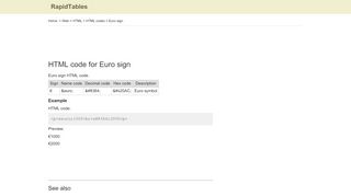 
                            10. HTML code for Euro sign (€) - RapidTables.com