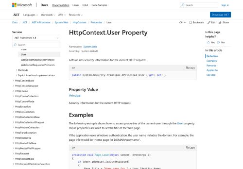 
                            7. HttpContext.User Property (System.Web) | Microsoft Docs