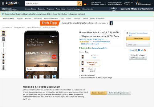 
                            8. Huawei Mate 9 5,9 Zoll Grau: Amazon.de: Elektronik