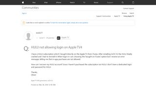 
                            4. HULU not allowing login on Apple TV4 - Apple Community - Apple ...