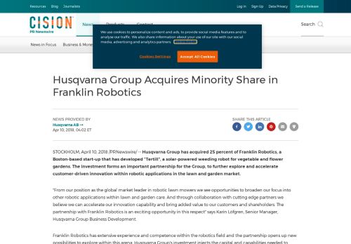 
                            10. Husqvarna Group Acquires Minority Share in Franklin Robotics