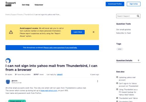 
                            12. I can not sign into yahoo mail from Thunderbird, I can from a browser ...