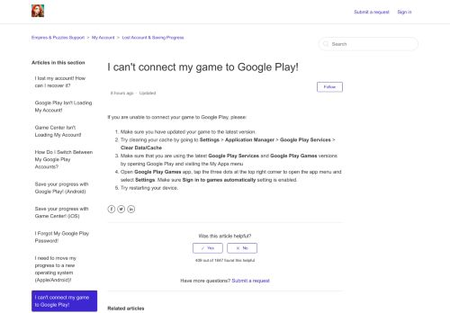 
                            11. I can't connect my game to Google Play! – Empires & Puzzles Support