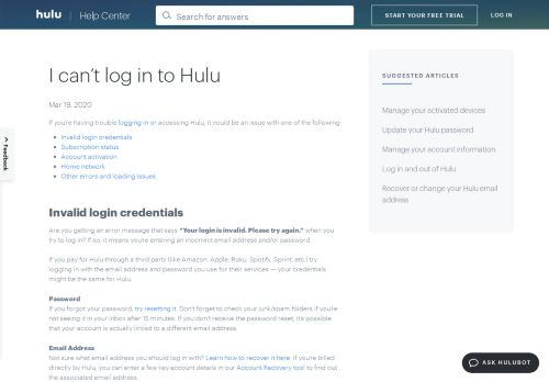 
                            8. I can't log in to Hulu - Hulu Help
